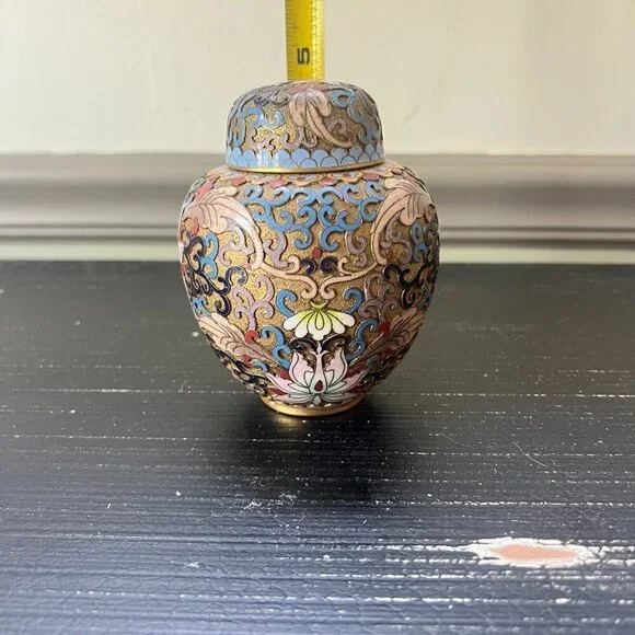 Vintage Chinese Cloisonné Enamel Floral Scroll Lotus Ginger Jar With Lid Etched - Picture 7 of 7